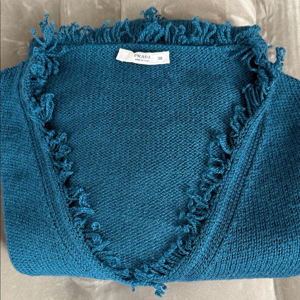 Prada teal Fringed V-Neck Sweater